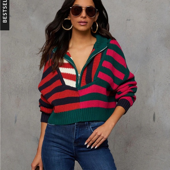 Vici Snuggle Up Quarter Zip Sweater Stripe Sweater Size Small Red Black Green - Picture 2 of 10